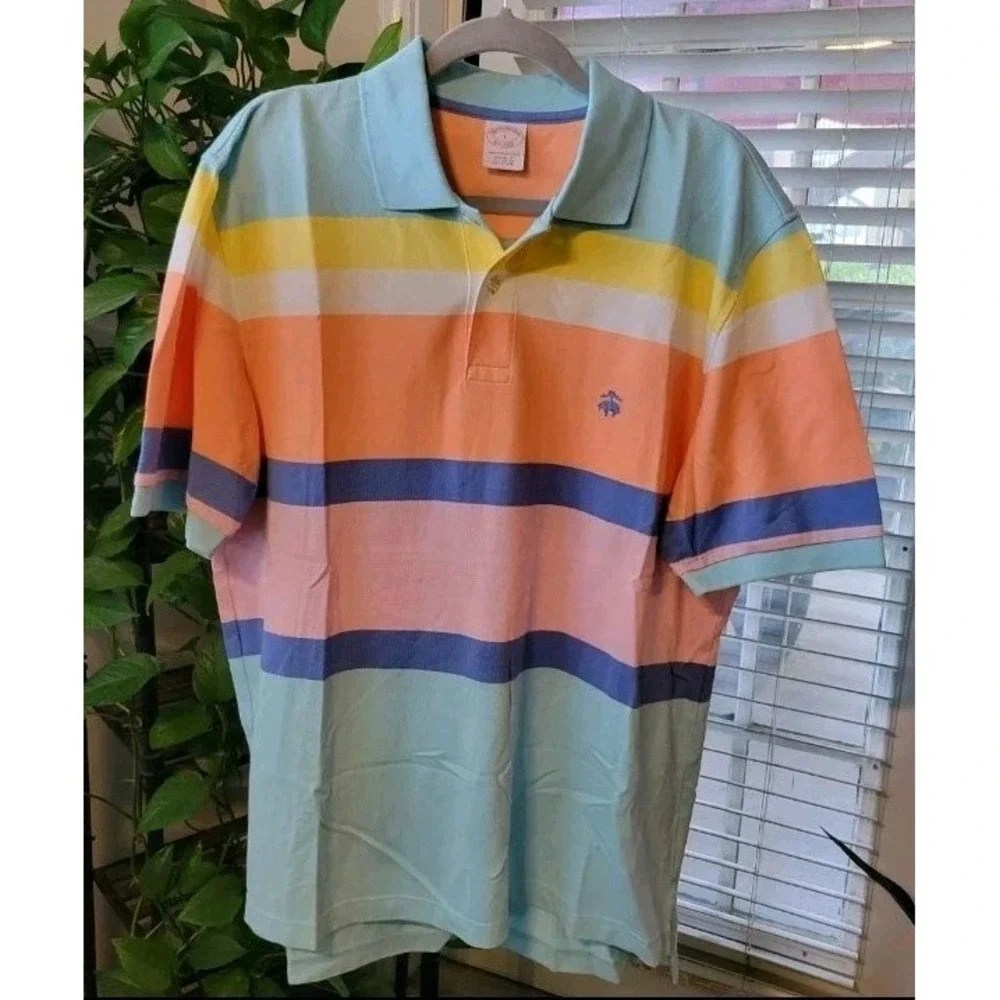BROOKS BROTHERS Mens Large Short Sleeve Polo Shirt Performance Colorblock Flaw